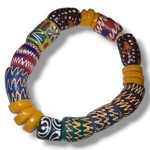 African Style Hand Painted Ceramic Bead Stretch Bracelet Colorful‎ Tribal